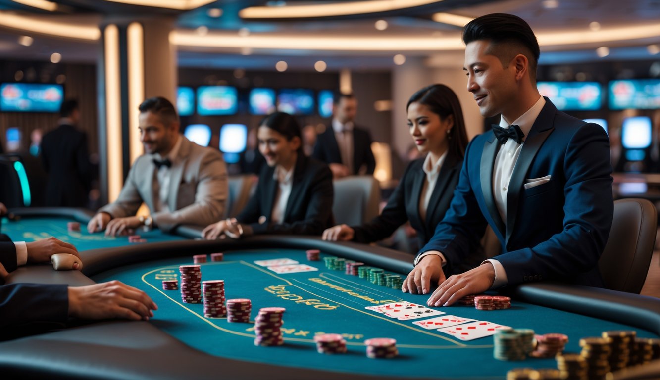 Meja blackjack dengan dealer dan pemain di kasino modern yang elegan.