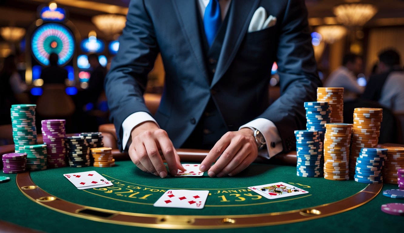 Seorang dealer berjubah rapi sedang membagikan kartu di meja blackjack dengan chip poker dan pemain di latar belakang.