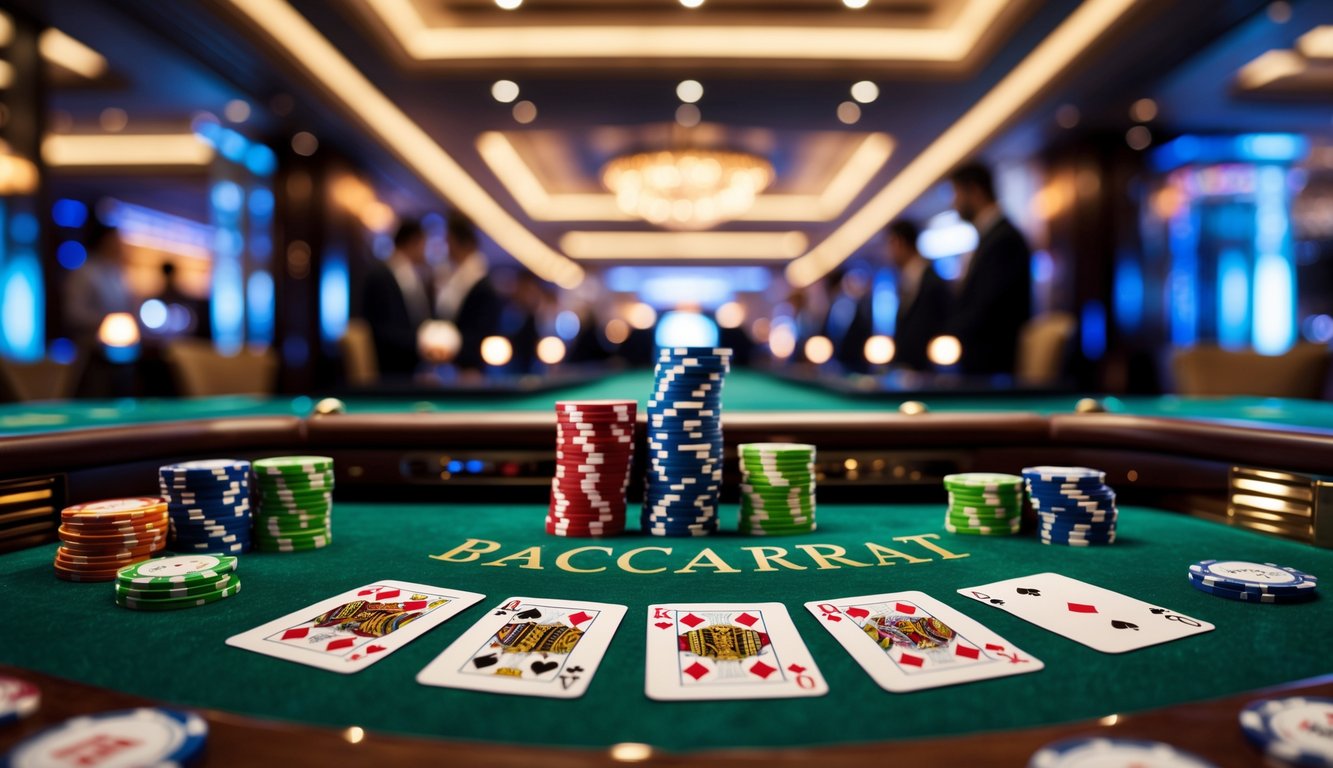 Meja permainan baccarat di kasino mewah dengan kartu dan tumpukan chip poker, dikelilingi oleh pemain berpakaian rapi.