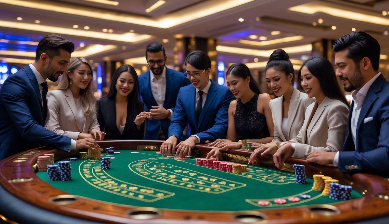 Meja baccarat di kasino mewah dengan beberapa pemain yang sedang bermain kartu.