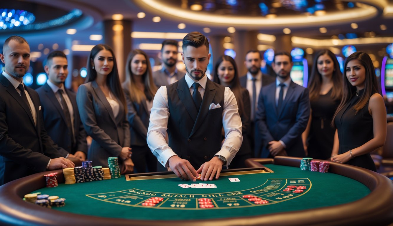 Seorang dealer dan beberapa pemain sedang bermain Baccarat di meja kasino dengan suasana mewah dan pencahayaan hangat.