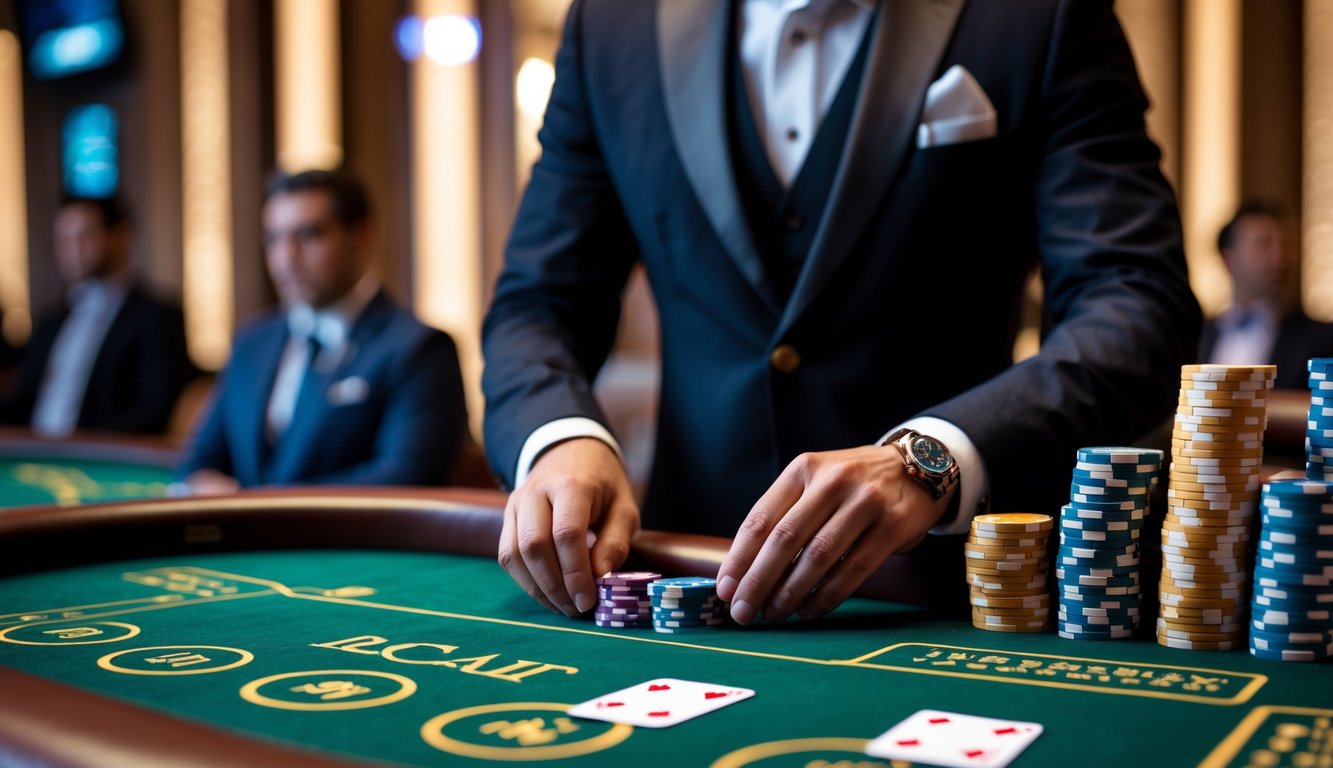 Seorang dealer berpakaian rapi sedang membagikan kartu di meja baccarat di dalam kasino yang mewah.