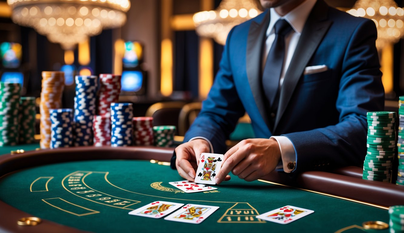 Seorang dealer berjubah rapi membagikan kartu di meja baccarat dengan tumpukan chip dan lampu gantung mewah di latar belakang kasino.