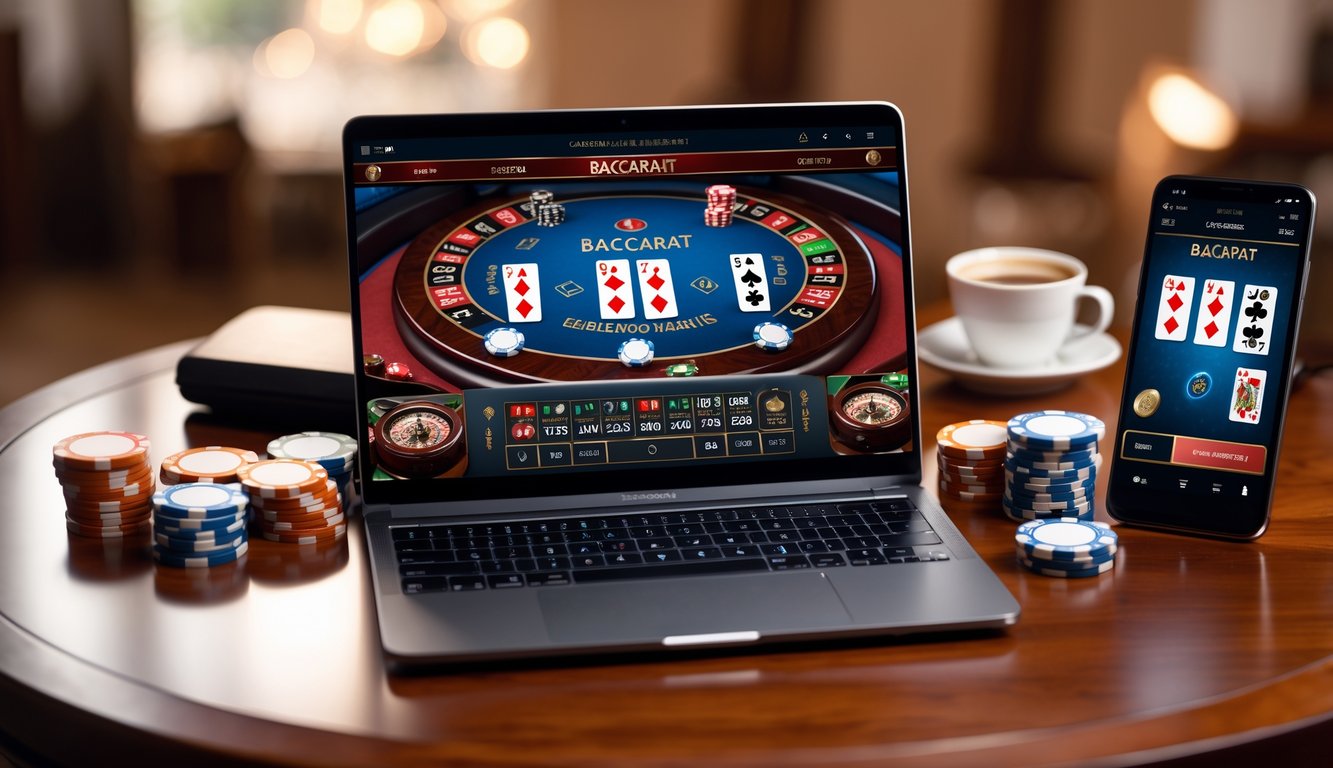 Meja kerja dengan laptop yang menampilkan permainan baccarat online, tumpukan chip kasino, smartphone, dan cangkir kopi.