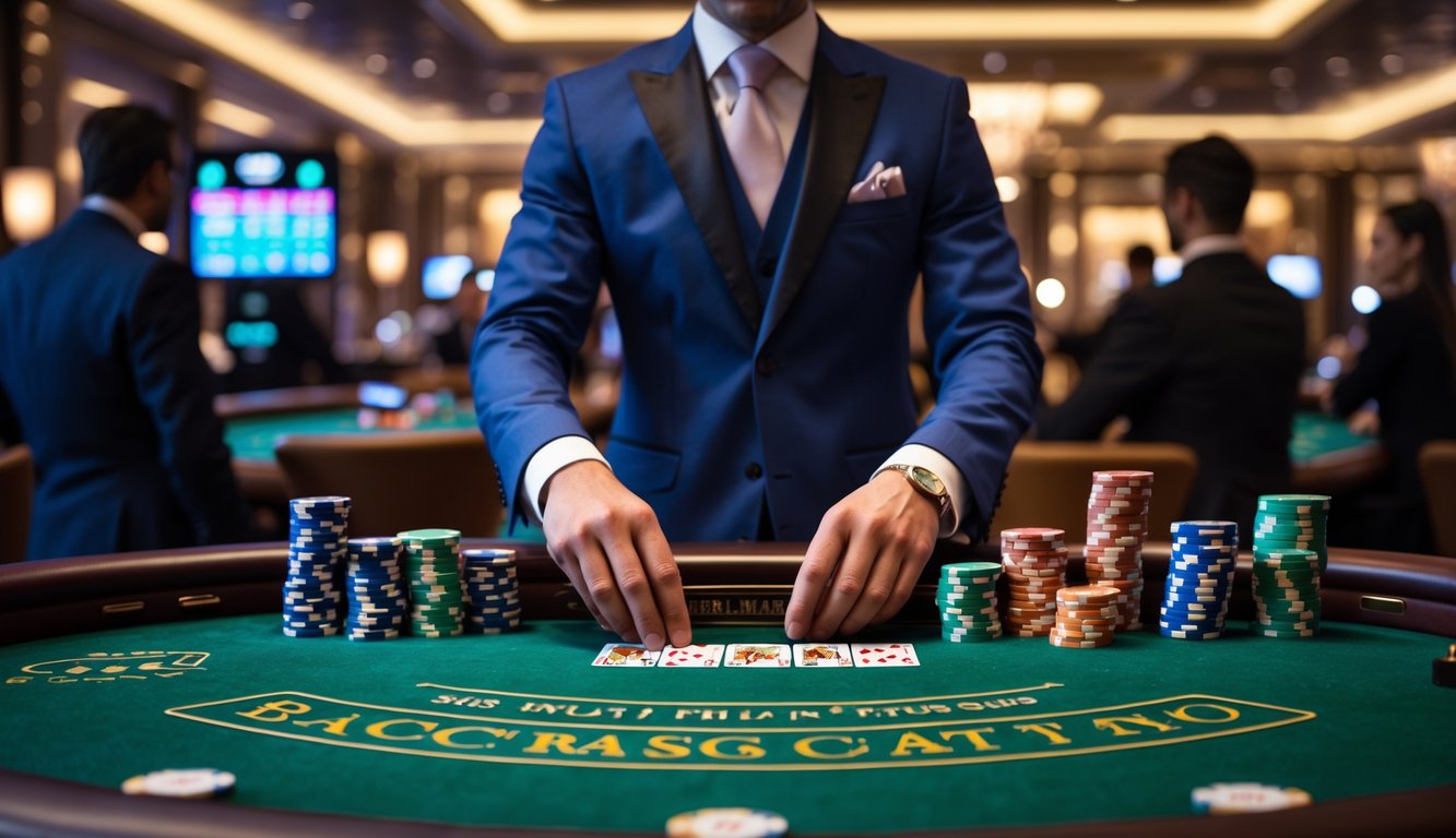 Seorang dealer di meja baccarat di kasino langsung dengan kartu dan chip, dikelilingi oleh pemain dan suasana kasino mewah.