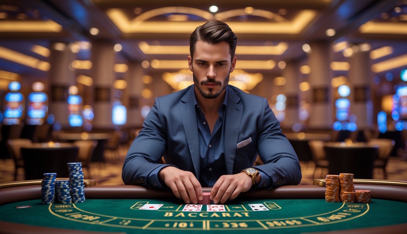Seorang pria fokus bermain baccarat di meja kasino dengan suasana mewah di latar belakang.