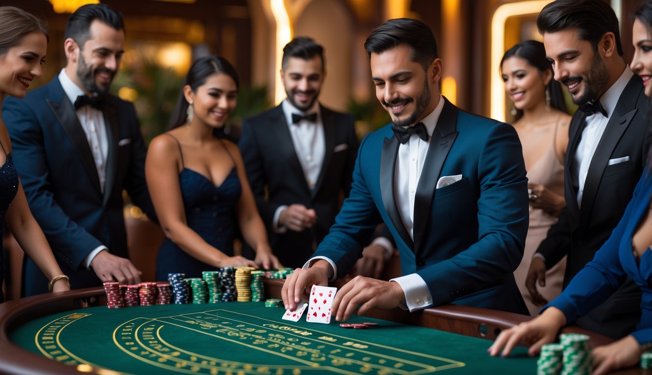 Seorang dealer dan pemain di meja baccarat di kasino yang mewah dengan suasana hangat dan pencahayaan lembut.