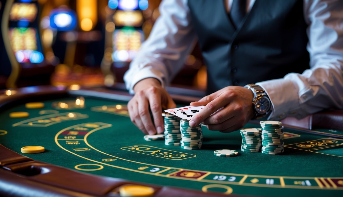 Meja baccarat di kasino dengan dealer membagikan kartu dan tumpukan chip di atas meja.