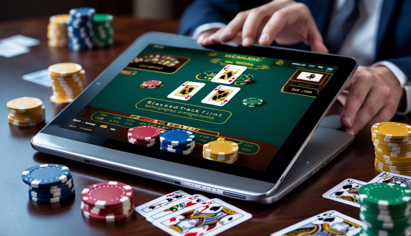 Sebuah laptop menampilkan permainan blackjack online dengan kartu dan chip poker di atas meja kayu.