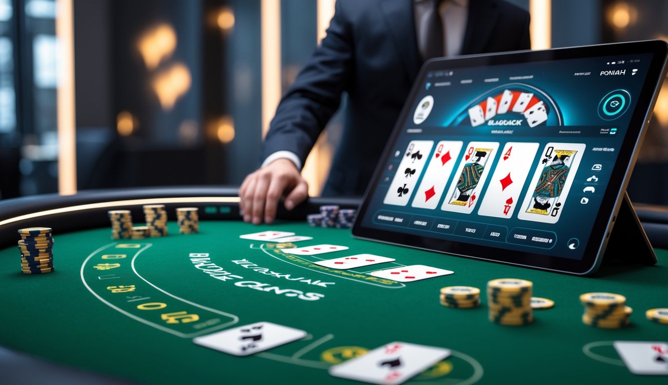 Tampilan meja blackjack online dengan kartu dan chip dalam suasana permainan digital.