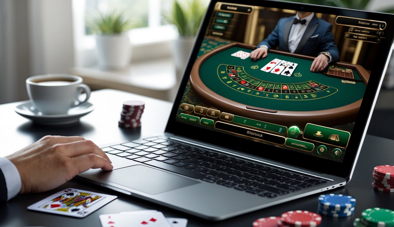 Seorang pemain menggunakan laptop untuk bermain blackjack online dengan kartu dan chip poker di meja.