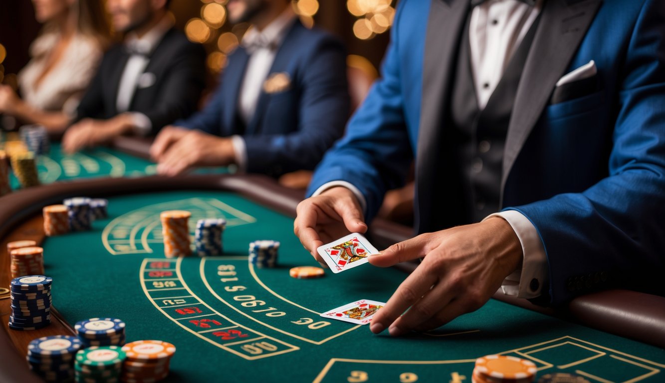 Meja blackjack di kasino dengan dealer profesional yang sedang membagikan kartu dan tumpukan chip warna-warni di atas meja.