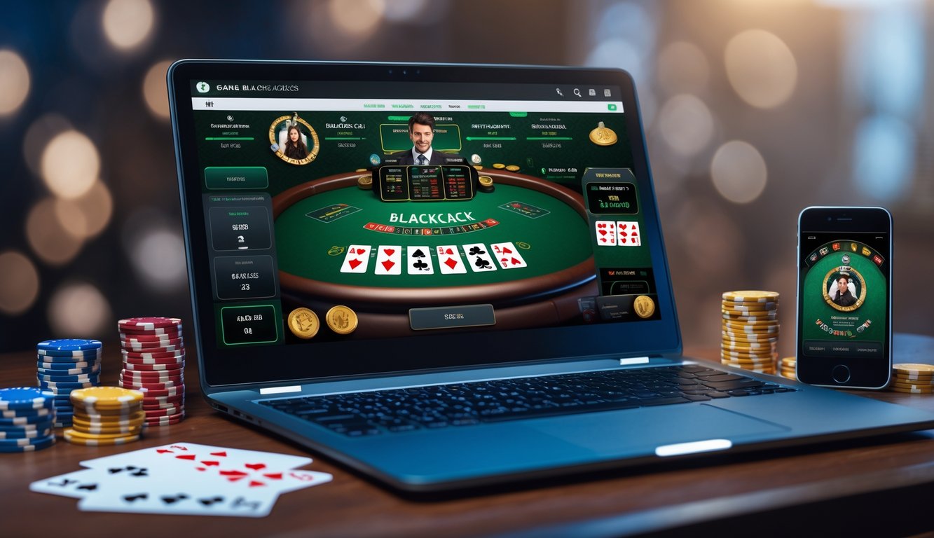 Sebuah laptop dan ponsel menampilkan permainan blackjack online dengan kartu dan chip poker di sekitarnya.