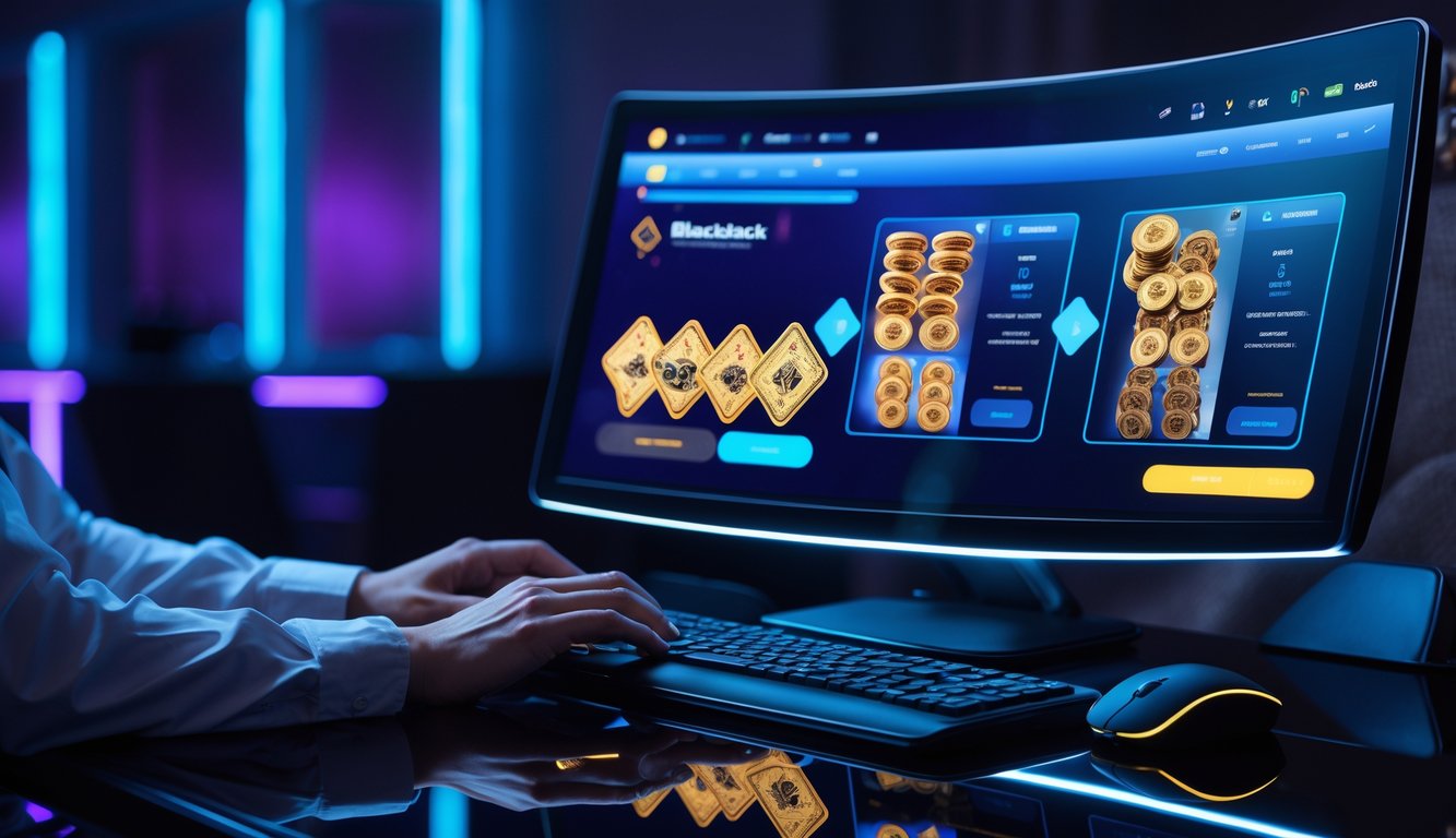 Seorang pemain sedang bermain blackjack online di depan layar komputer dengan kartu dan chip di meja permainan.