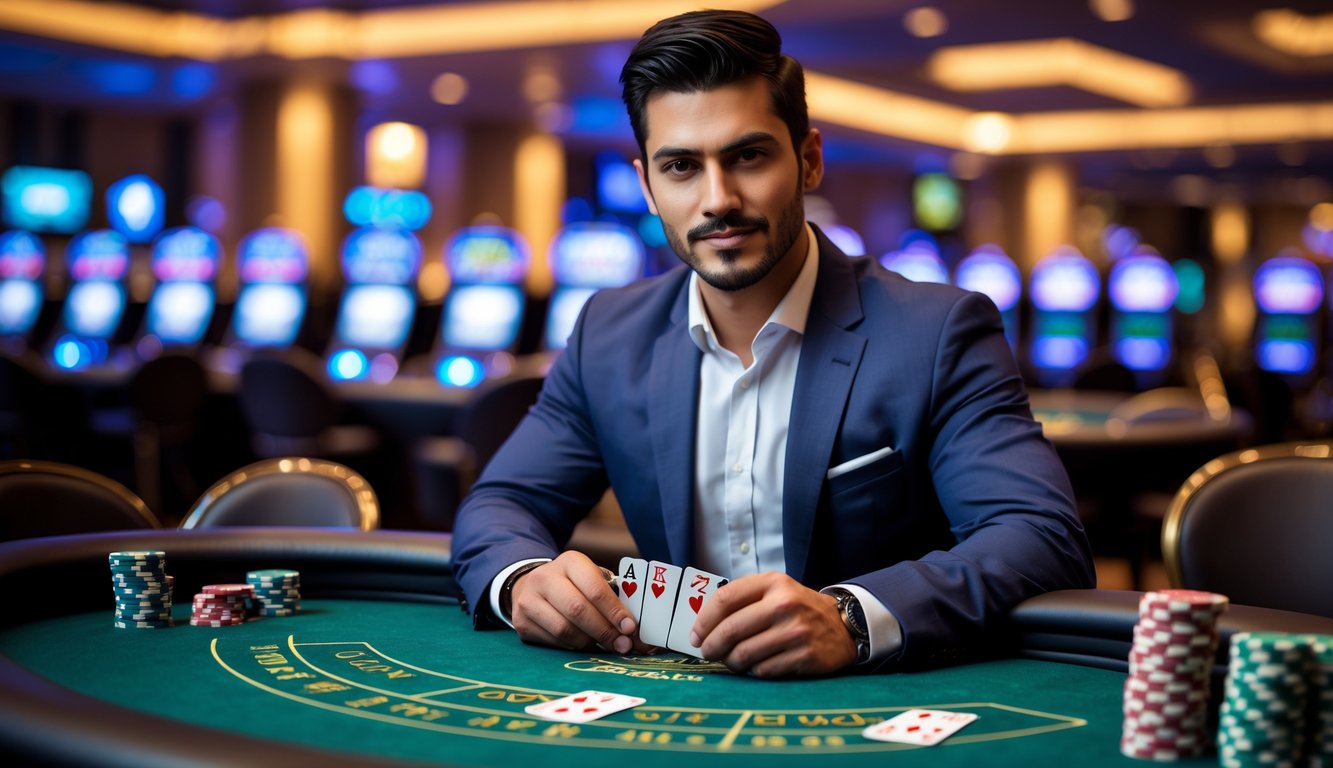 Seorang pria duduk di meja blackjack di kasino dengan kartu dan tumpukan chip di depannya, tampak fokus dan tenang.