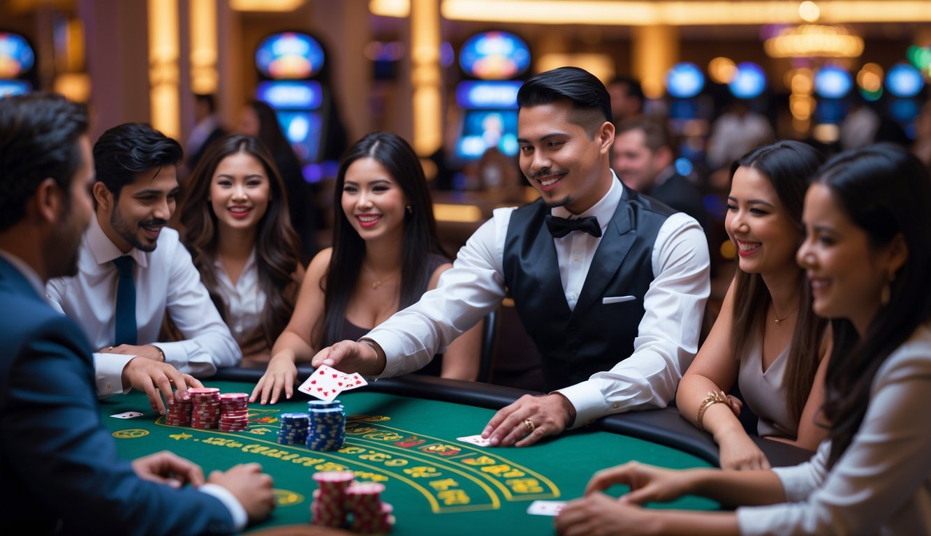 Meja blackjack di kasino dengan dealer dan beberapa pemain yang sedang bermain kartu.