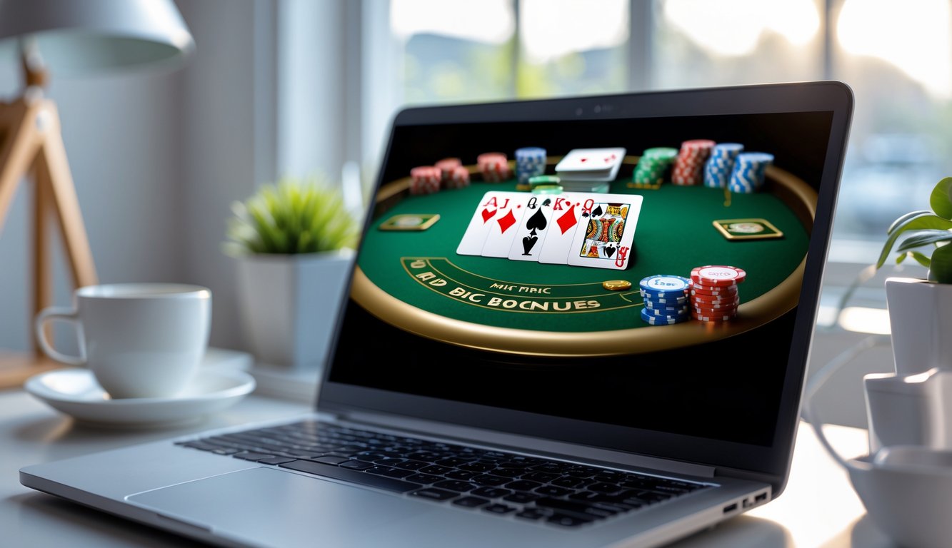 Sebuah laptop menampilkan permainan blackjack online dengan kartu dan chip di meja kerja yang rapi di dalam ruangan.