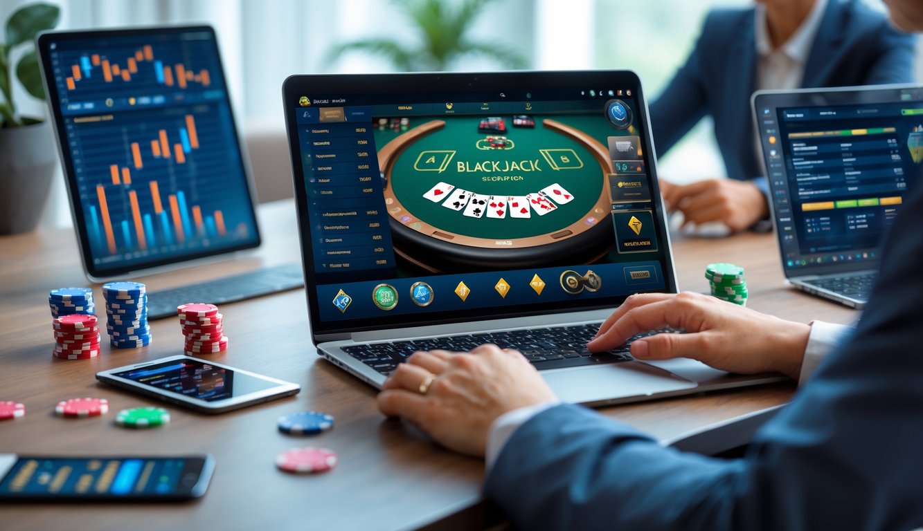 Seorang pemain sedang menggunakan laptop untuk bermain blackjack online dengan kartu dan chip terlihat di layar, di meja terdapat perangkat tambahan seperti tablet dan grafik yang menunjukkan analisis permainan.