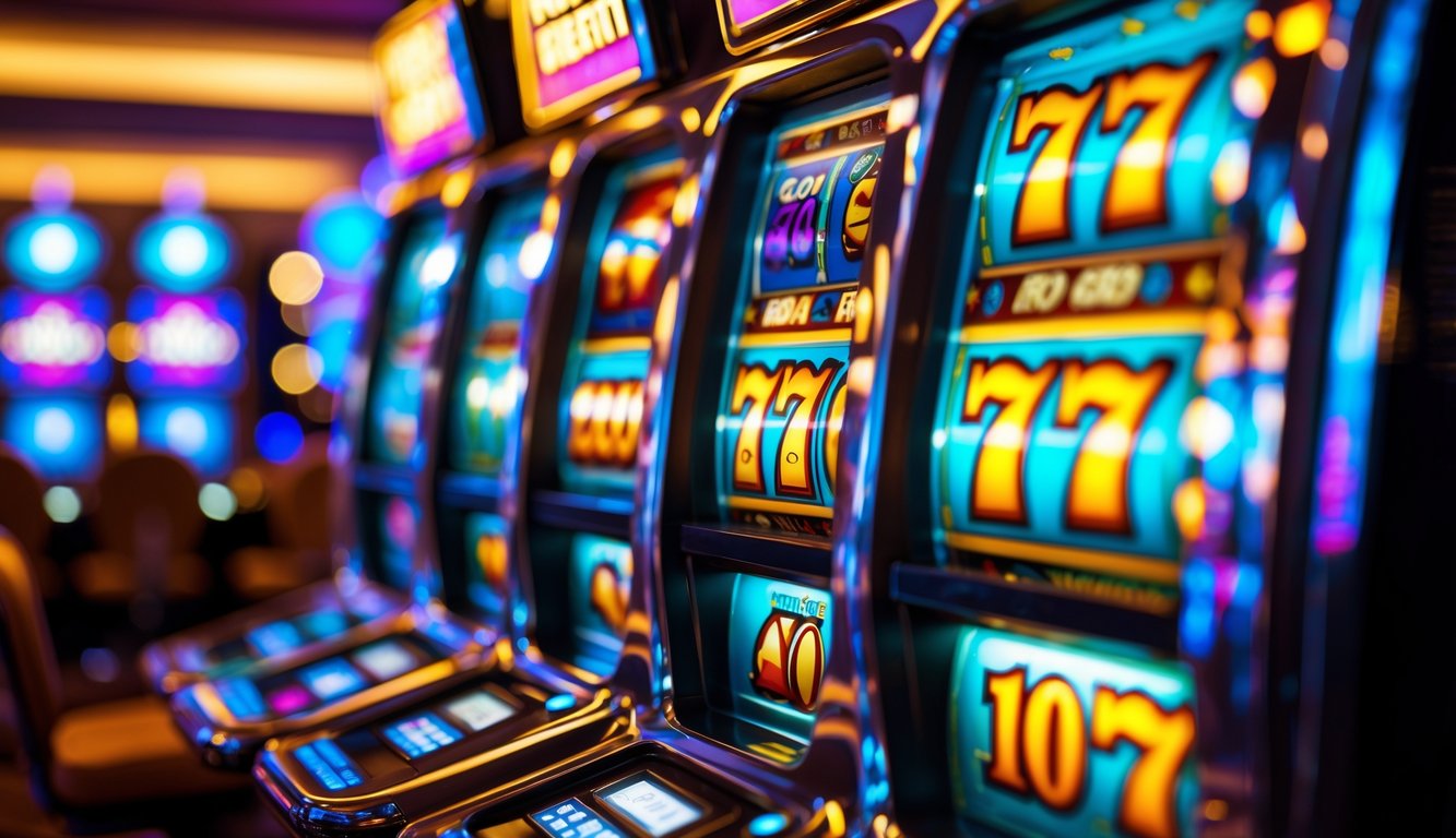 Mesin slot modern berwarna-warni dengan gulungan yang berputar di dalam kasino yang ramai.
