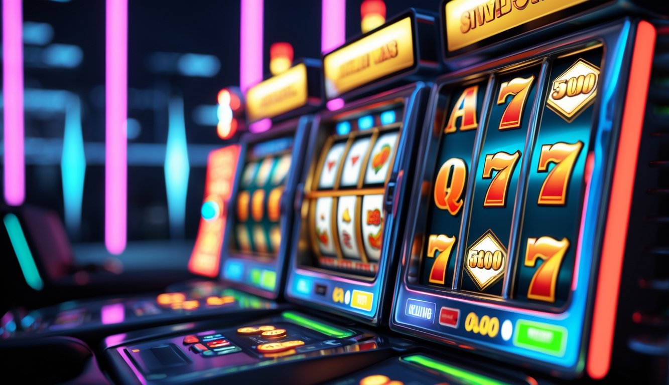 Tampilan mesin slot digital berwarna cerah dengan simbol berputar dan latar belakang lampu neon yang modern.