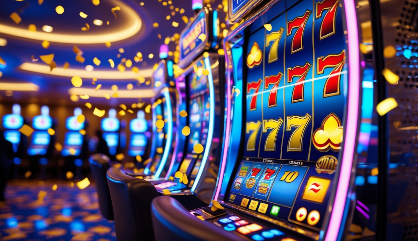 Mesin slot kasino modern dengan simbol kemenangan dan lampu meriah yang menyala, menampilkan momen jackpot besar.
