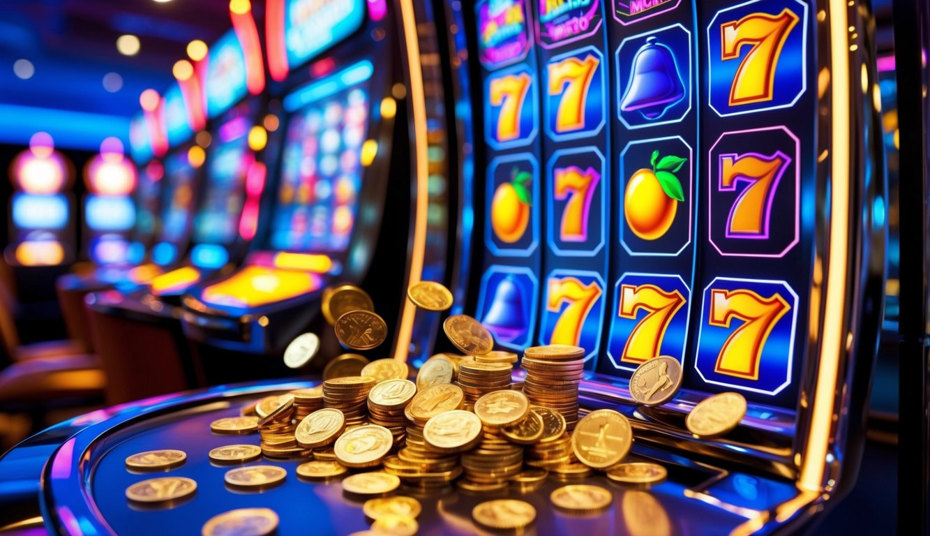 Mesin slot modern dengan koin yang keluar banyak menandakan kemenangan besar di kasino.