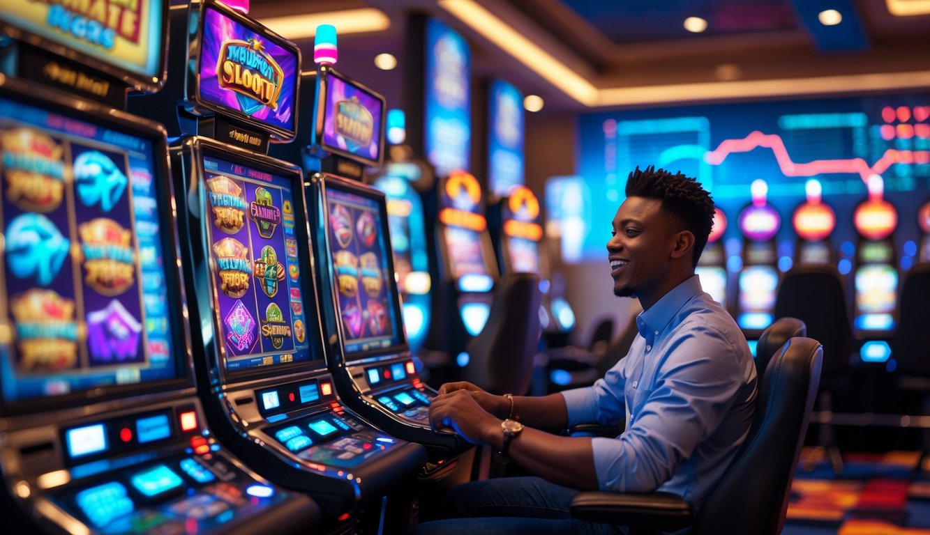 Seorang pemain muda sedang bermain mesin slot di dalam kasino dengan latar belakang mesin slot berwarna-warni dan grafik prediksi permainan.