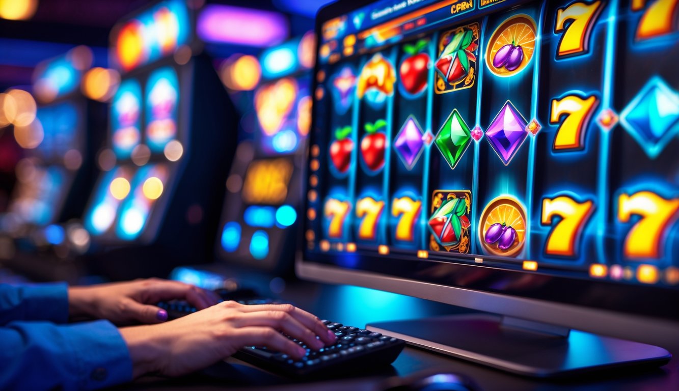 Seorang pengguna komputer sedang bermain mesin slot online dengan layar penuh warna dan simbol slot yang berputar.