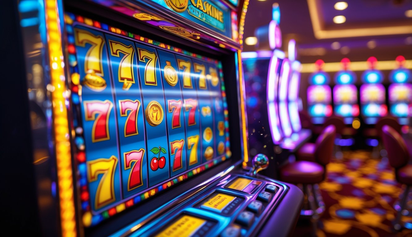 Mesin slot modern dengan gulungan berwarna-warni yang sedang berputar di dalam kasino yang ramai dan penuh cahaya.