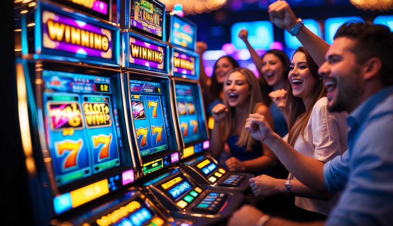 Orang-orang sedang bermain mesin slot di kasino dengan ekspresi senang dan mesin slot yang berwarna-warni menyala.