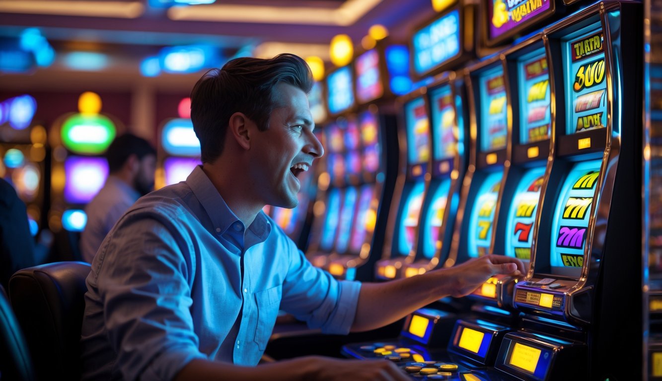 Seorang pria sedang bermain mesin slot di kasino dengan ekspresi senang dan fokus.