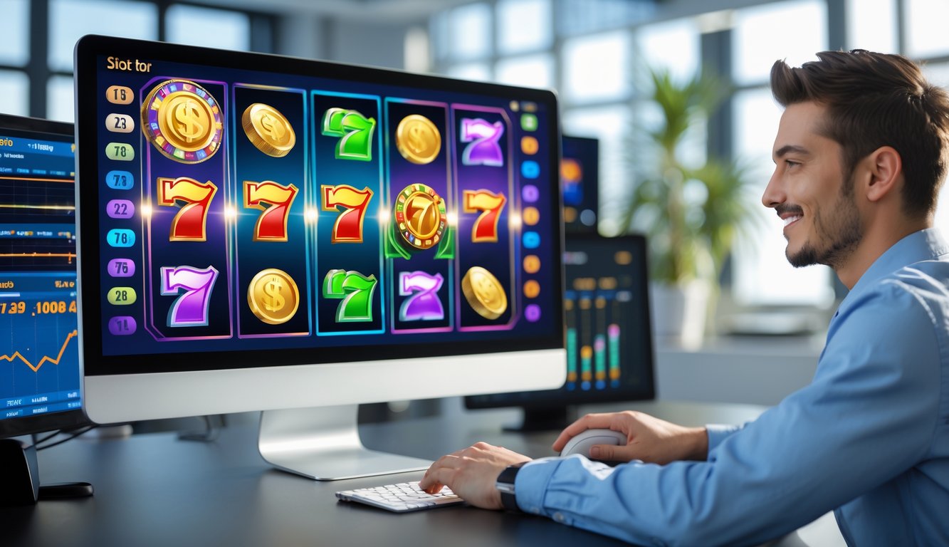 Seorang dewasa muda sedang bermain mesin slot online di komputer di ruang kantor yang terang dan modern.