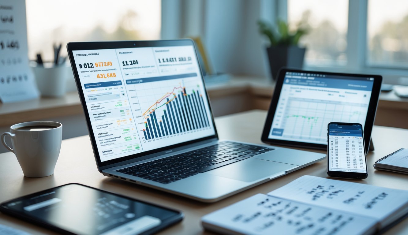 Meja kerja modern dengan laptop dan tablet yang menampilkan grafik dan data statistik, suasana fokus dan terorganisir.