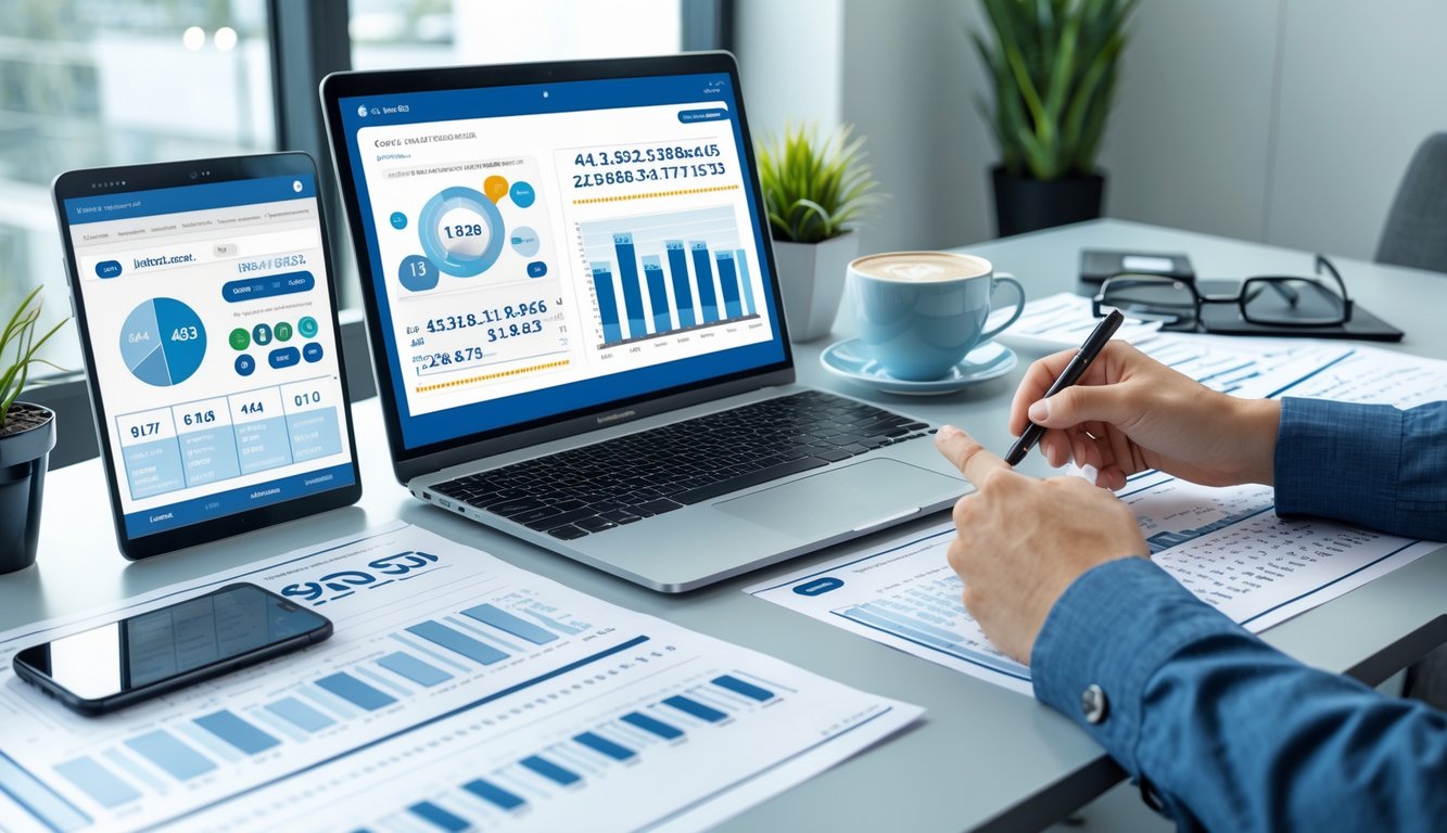 Meja kerja modern dengan perangkat digital dan kertas berisi data angka, tangan seseorang sedang menganalisis informasi terkait prediksi togel.