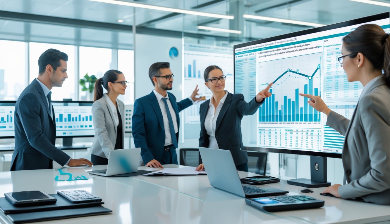 Sekelompok profesional bisnis sedang menganalisis data dan grafik di ruang kantor modern.