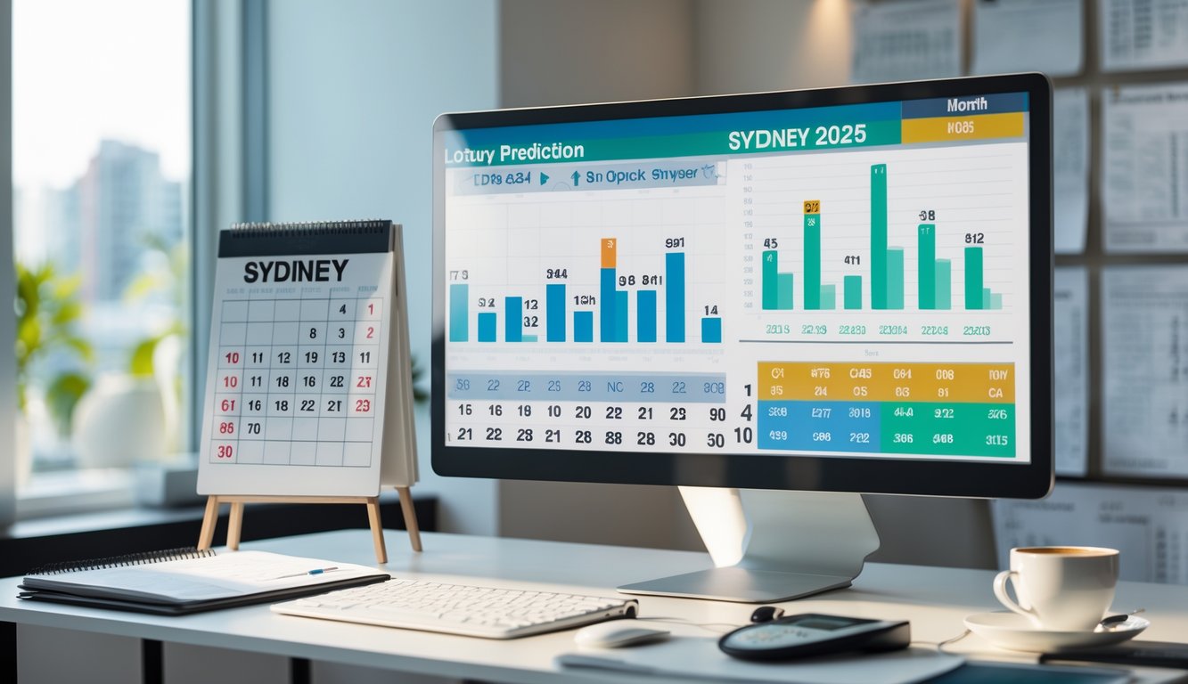 Meja kerja modern dengan komputer menampilkan grafik dan kalender tahun 2025, suasana kantor yang terang dan rapi.