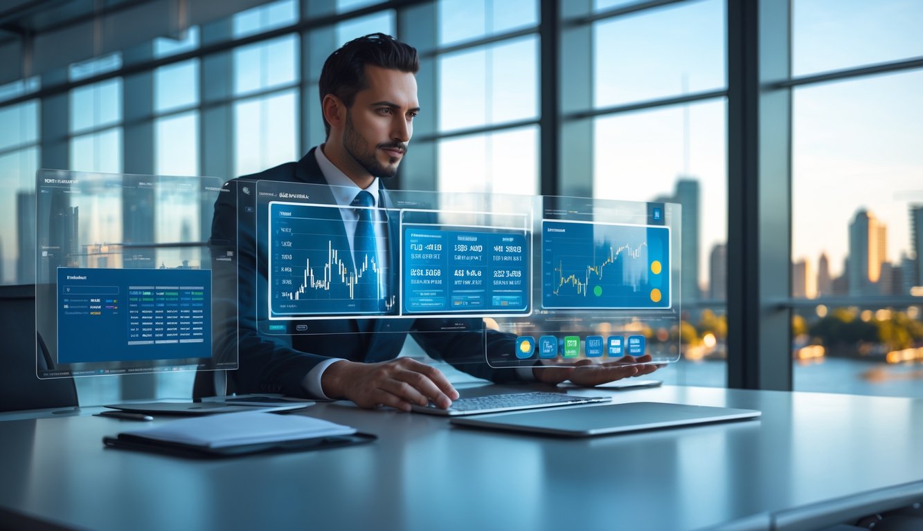 Seorang profesional sedang menganalisis data di kantor modern dengan pemandangan kota Sydney di latar belakang.