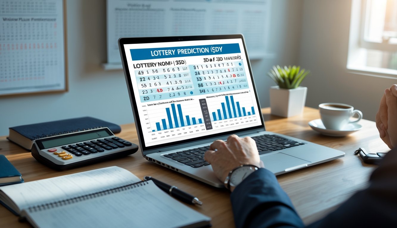 Meja kerja dengan laptop menampilkan grafik dan angka, kalkulator, dan alat tulis yang tersusun rapi, mencerminkan suasana analisis prediksi togel.