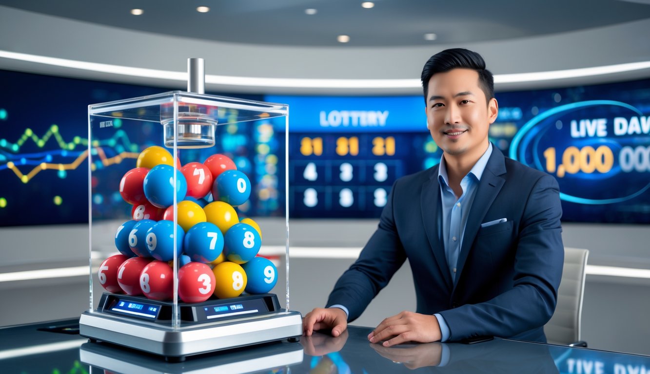 Sebuah studio undian lotre modern dengan mesin undian transparan berisi bola bernomor dan presenter yang sedang mengoperasikan mesin tersebut.