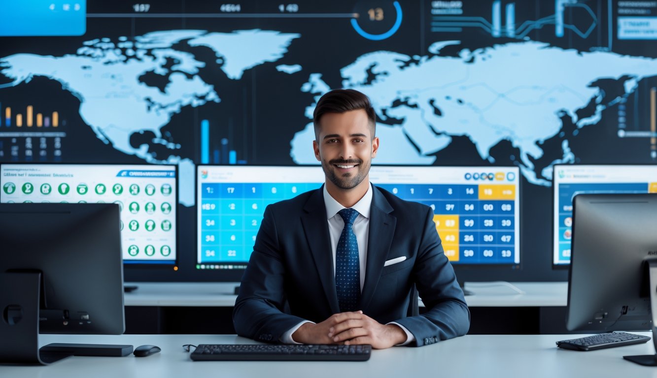 Seorang profesional duduk di meja kantor dengan beberapa layar komputer menampilkan angka lotere dan grafik data.