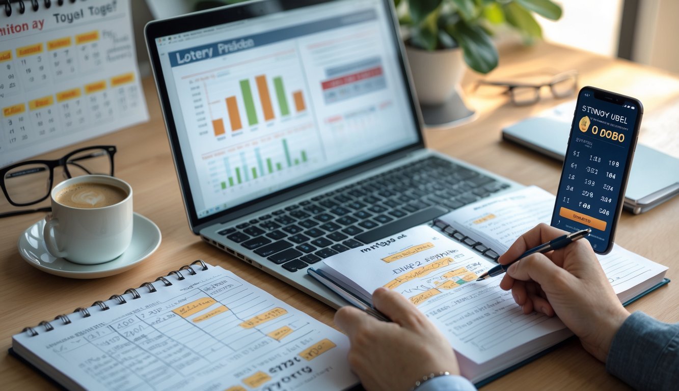 Meja kerja dengan laptop, buku catatan, dan ponsel yang menampilkan data dan perhitungan terkait prediksi togel Sydney.