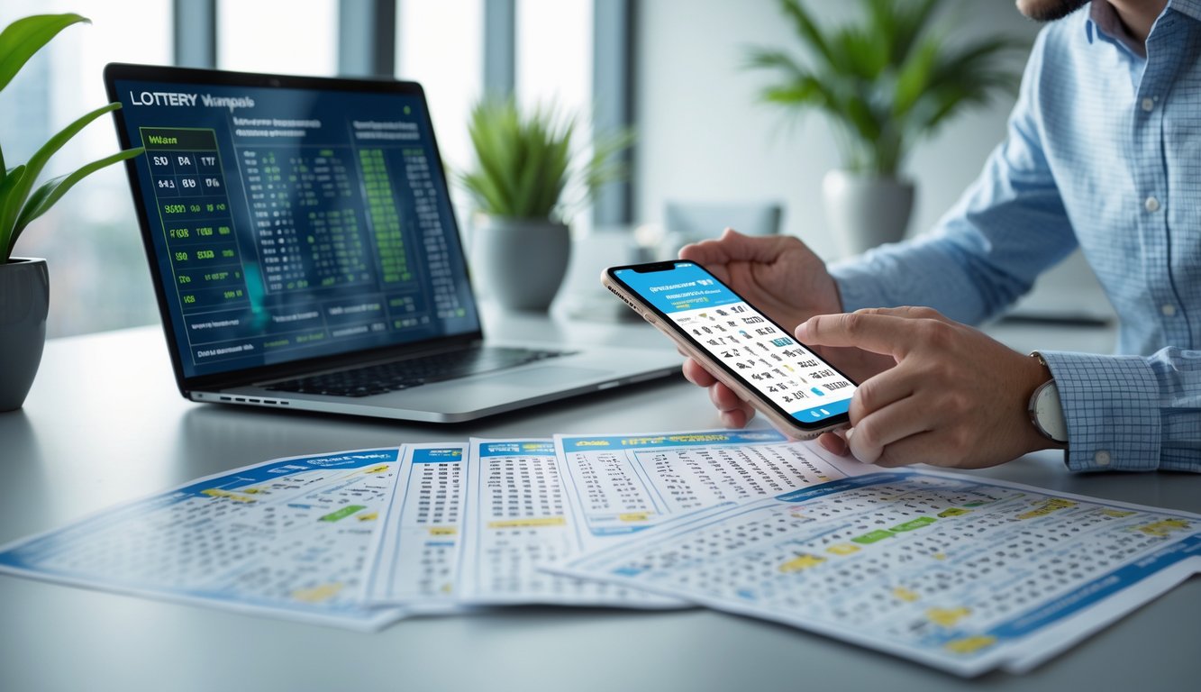 Seseorang sedang menganalisis data angka di meja kerja dengan laptop dan ponsel di ruang kantor yang terang.