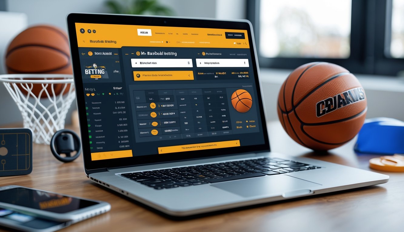 Seorang pria menggunakan laptop di meja kerja dengan bola basket dan aksesori olahraga di sekitarnya.