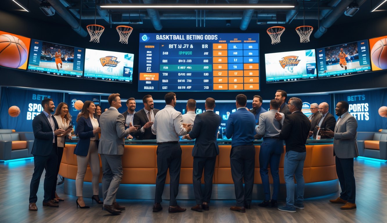Sekelompok orang dewasa sedang melihat layar besar menampilkan statistik dan peluang pertandingan basket di sebuah ruang santai olahraga.