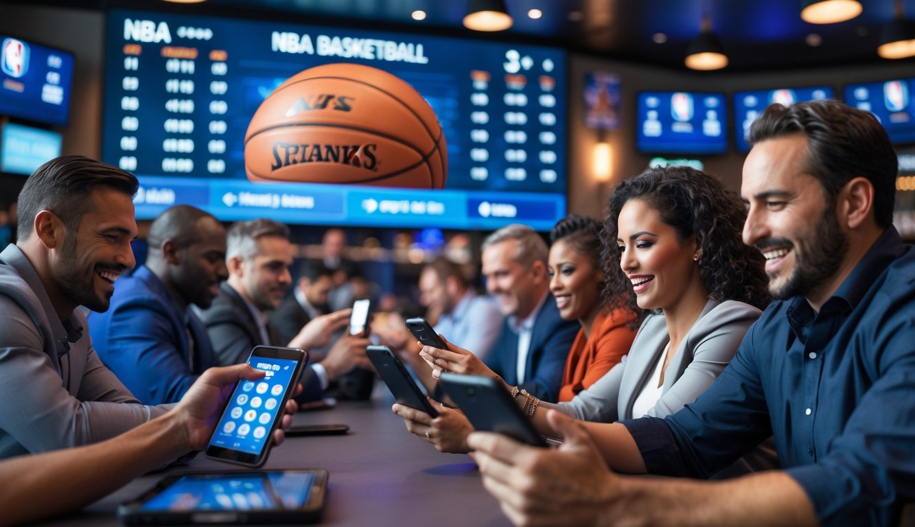 Sekelompok orang sedang memasang taruhan pada pertandingan basket NBA di sebuah ruang taruhan olahraga yang modern.
