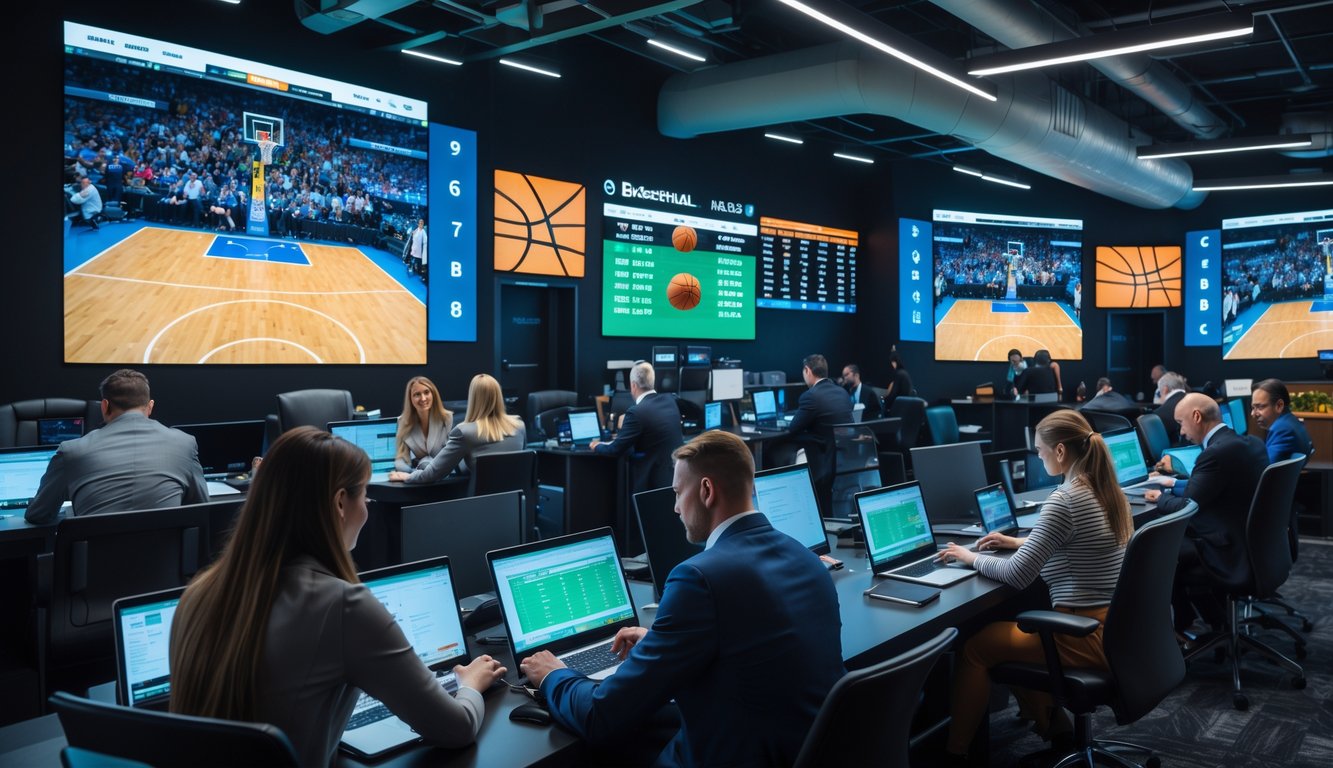 Orang-orang sedang memasang taruhan bola basket di sebuah kantor taruhan dengan layar besar yang menampilkan pertandingan bola basket secara langsung.