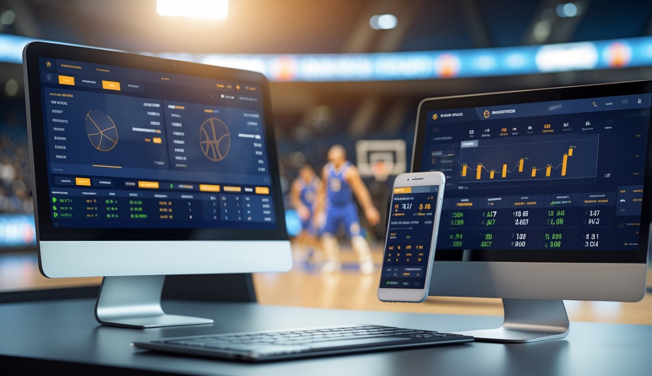 Sebuah komputer dan ponsel menampilkan peluang taruhan basket dengan latar belakang lapangan basket dan pemain yang sedang bermain.