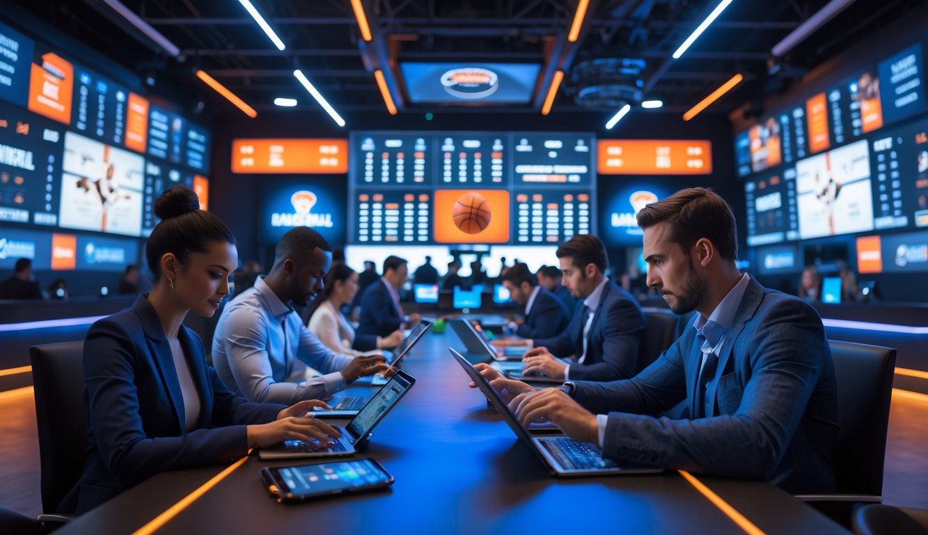 Orang-orang sedang memasang taruhan pada pertandingan basket di ruang taruhan modern dengan layar besar menampilkan pertandingan basket dan statistik.