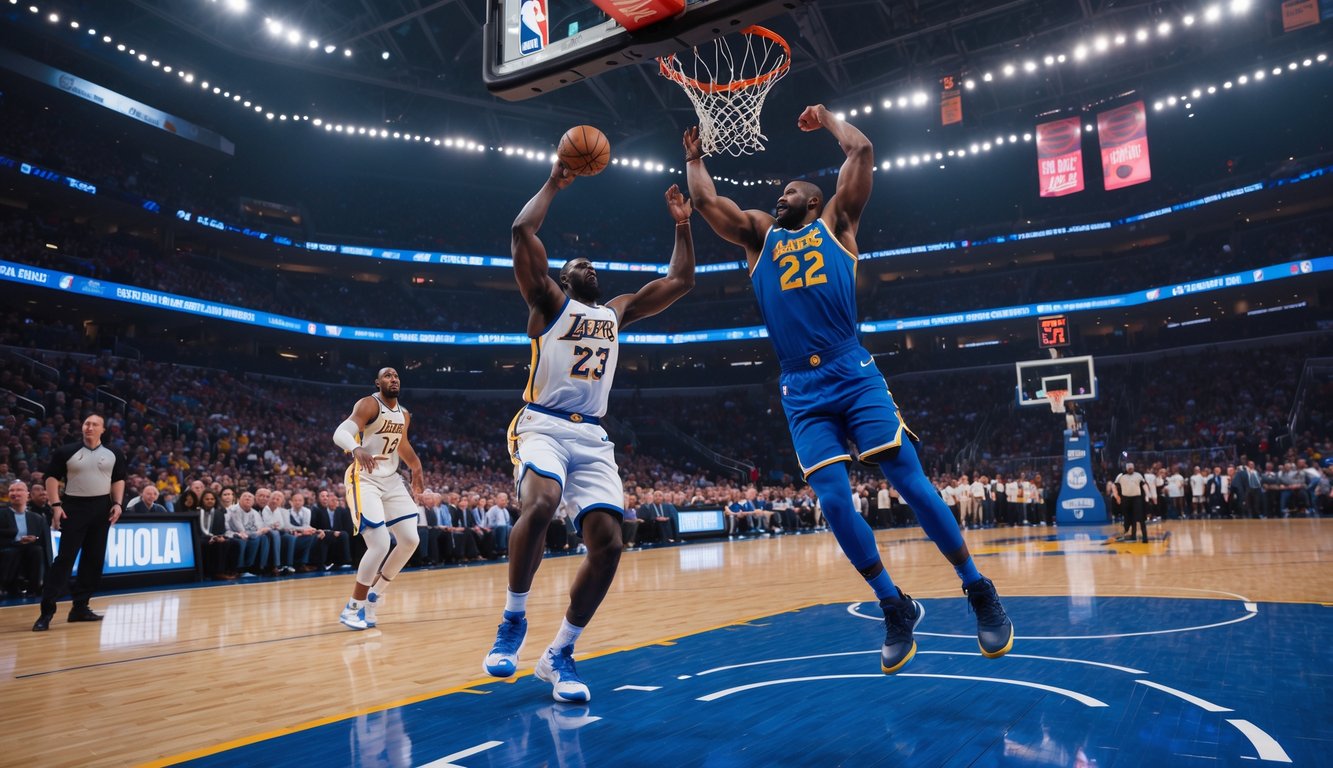 Dua pemain basket NBA sedang melompat berebut bola dekat ring di arena penuh penonton yang antusias.