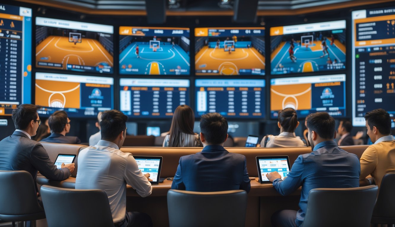 Orang-orang sedang menonton pertandingan basket langsung dan memasang taruhan di sebuah ruang taruhan modern.
